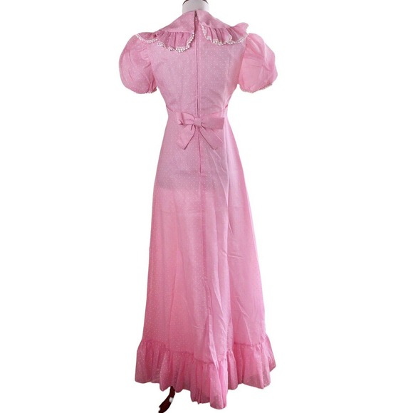 Vintage 70s Maxi Dress Pink Swiss Dot Ruffle Pom Trim Puff Sleeve ILGWU Size 7/8 - Picture 6 of 13